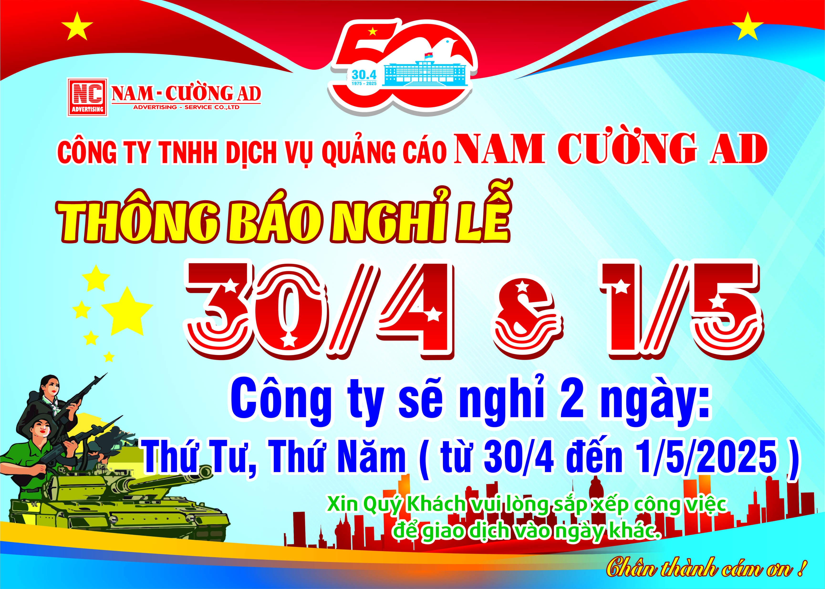 Kỷ niệm 30/4 & 1/5 Cty sẽ nghỉ 2 ngày : Thứ 4 ( 30/4 ) và thứ 5 ( 1/5 )